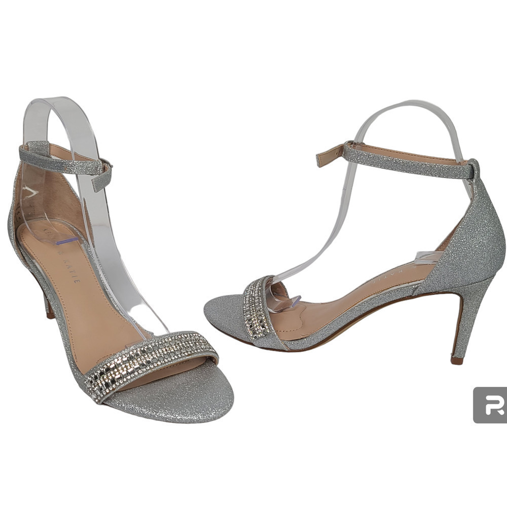 Kellie & Katie Silver Glittery Sandals Ankle Strap Rhinestone Heels Women's 7.5